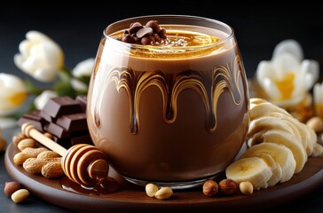 Rich Chocolate Drink with Honey, Nuts, Sliced Bananas, and Dark Chocolate on a Wooden Plate Surrounded by Elegant Flowers and Natural Ingredients