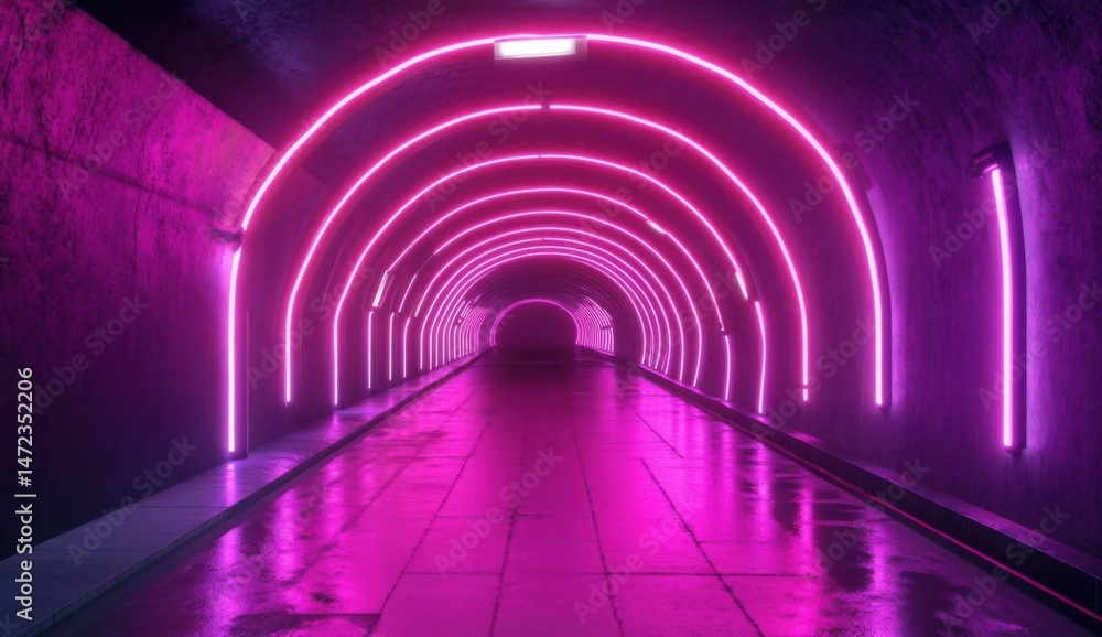Poster A futuristic tunnel illuminated by vibrant pink neon lights, creating a striking visual effect with wet pavement reflecting the glow. : Generative AI