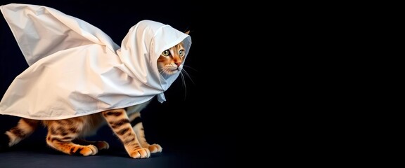 Bengal cat in white sheet ghost costume, dark blue background,  pet,  portrait