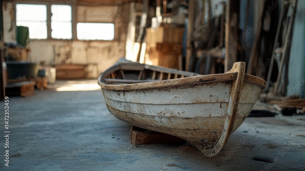 Aufkleber A weathered wooden rowboat rests in a rustic boat workshop, sunlight illuminating its aged hull and the surrounding clutter of tools and materials. : Generative AI