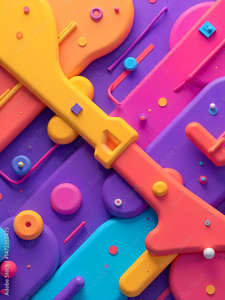 Poster a visually striking abstract composition of colorful shapes arranged in a dynamic and modern design.