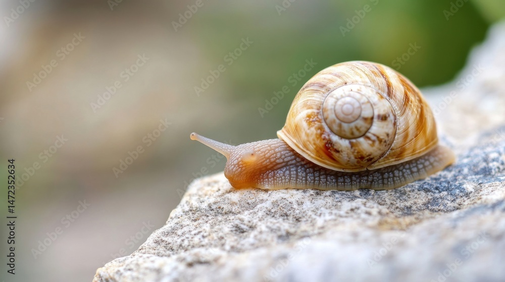 Poster a land snail, with a beige and brown shell, slowly moves across a light grey stone surface. the snai