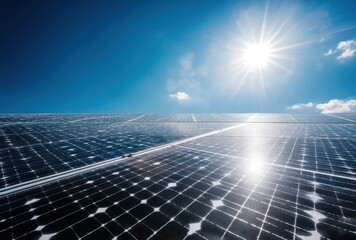Vast solar panel array under a bright sun, showcasing clean energy technology and sustainable power generation in a clear blue sky. : Generative AI