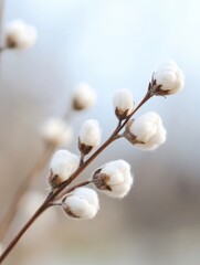 Close-up of a delicate branch with fluffy white cotton buds, showcasing soft texture and natural beauty against a blurred background. : Generative AI