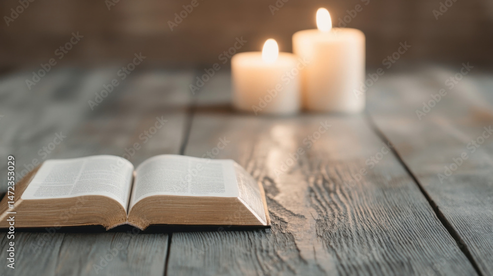 Poster open bible on rustic wooden table with two lit candles in soft focus background, creating a peaceful