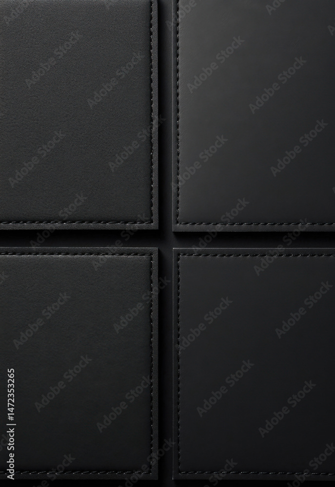 Aufkleber Close-up view of four black leather squares stitched together, creating a sophisticated and textured surface ideal for backgrounds or design elements. : Generative AI