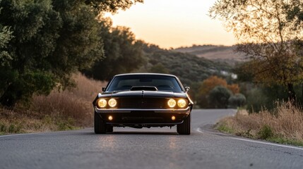Fototapeta premium Classic black muscle car driving on a winding road at sunset, headlights illuminated, showcasing its powerful front grill and sleek design. : Generative AI