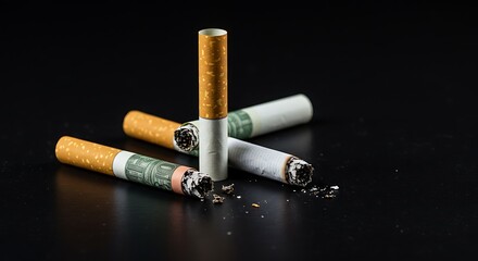 Smoking Cigarettes Wrapped in US Dollar Bills on Black Backdrop: Conceptual Image About the High Cost and Health Risks Associated with Smoking