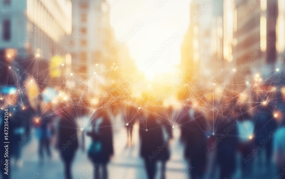 Poster abstract network connection overlaying blurred city street scene with pedestrians, showcasing urban 