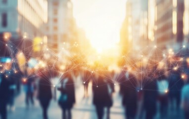 Abstract network connection overlaying blurred city street scene with pedestrians, showcasing urban connectivity and digital interaction at sunset. : Generative AI