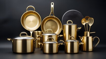 Golden Kitchen Utensils Hanging on Marble Wall