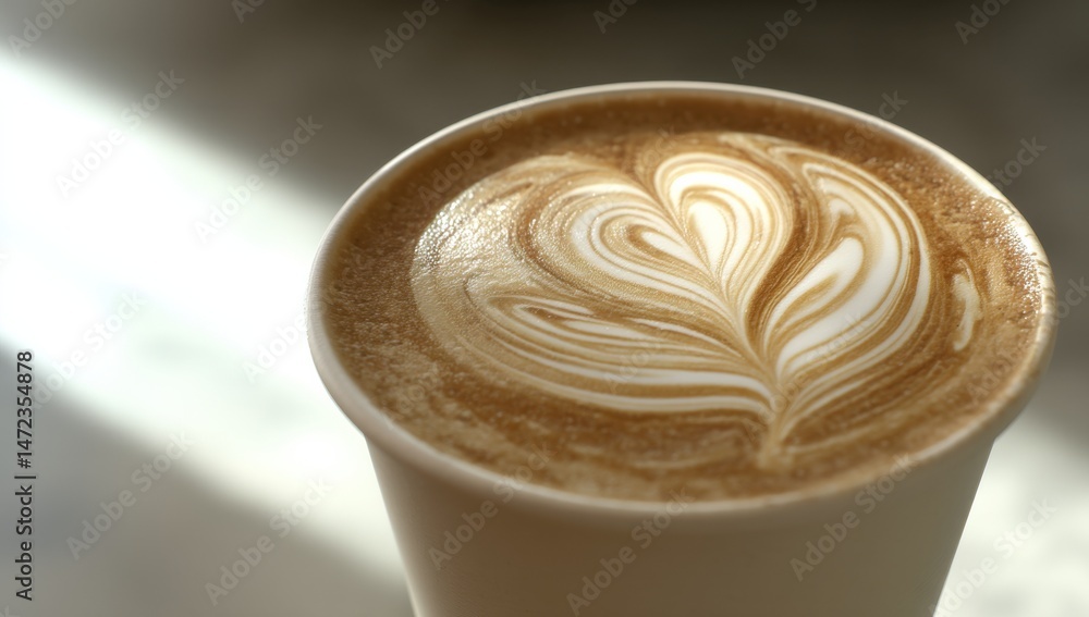 Poster Close-up of a latte art heart design in a disposable coffee cup, illuminated by sunlight streaming in from a window. : Generative AI
