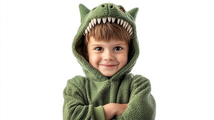 Fototapeta premium Child in a dinosaur costume, smiling, arms crossed