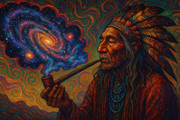 Elderly man with headdress smoking galaxy from pipe