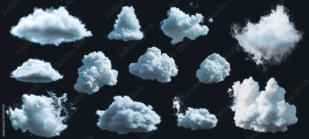 Leinwandbilder collection of fifteen realistic cumulus clouds, isolated on a black background, perfect for composit