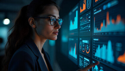 A woman is doing research while staring at a graph on a virtual screen.