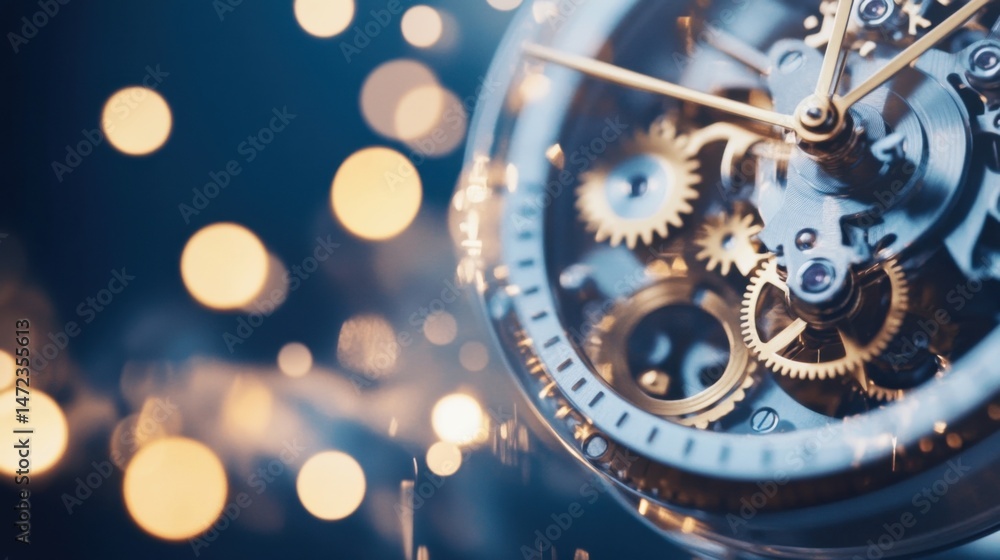 Poster Close-up view of a complex mechanical watch movement, showcasing intricate gold and silver gears against a bokeh background of warm, blurred lights. : Generative AI