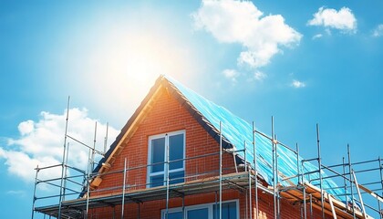 Brick house under construction with scaffolding, blue tarps under sunny sky.
