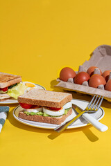Plate with delicious club sandwich with avocado, ham, boiled eggs, cherry tomato over yellow green background. Concept of fast food, taste, cooking, ingredients. Complementary colors. Poster, ad