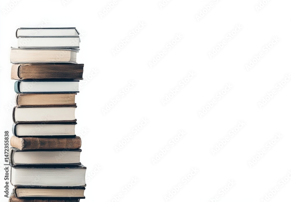 Poster a tall stack of various books stands upright against a clean white background, showcasing a collecti