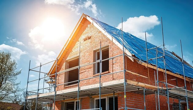 Brick house under construction with scaffolding, blue tarps under sunny sky.