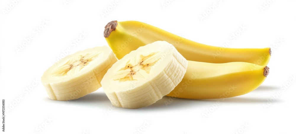 Poster two ripe yellow bananas with two cross-section slices, isolated on a white background. perfect for h