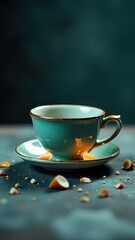 Fototapeta premium Elegant teal ceramic cup on saucer with scattered hazelnuts against dark background.