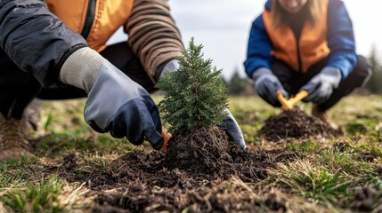 Two people plant a small evergreen tree into the ground du a community environmental project day.