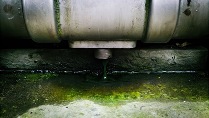 Gas tank leak incident industrial site closeup image concrete environment highlighting fuel drippage and danger