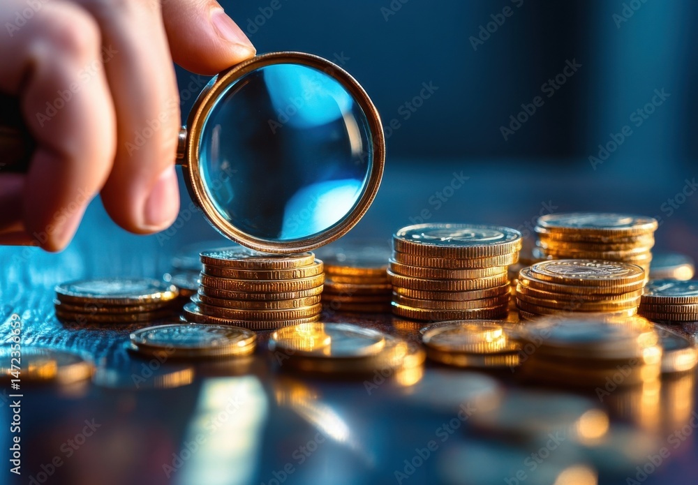 Poster a hand holds a magnifying glass over a stack of gold coins, symbolizing financial scrutiny and wealt