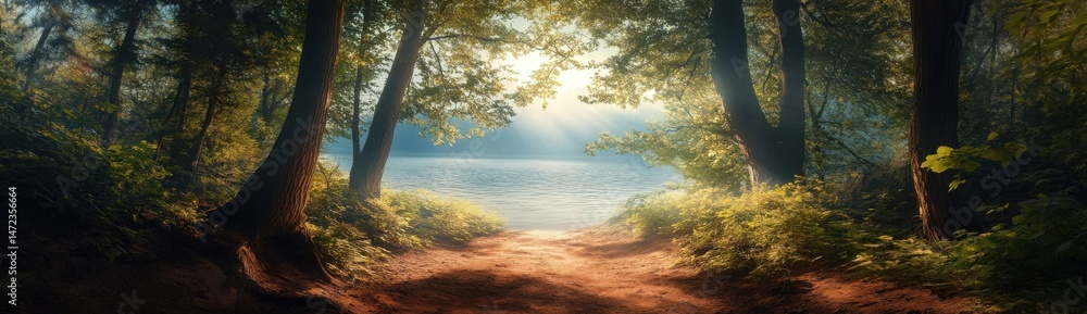 Poster sunlit path through a lush forest leads to a tranquil lake, creating a serene and peaceful atmospher