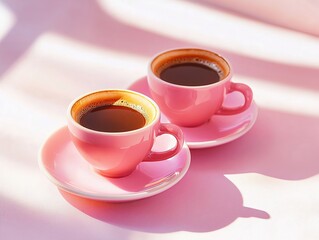 Fototapeta premium Pair of pink cups filled with dark coffee, set on matching saucers against a pink backdrop.