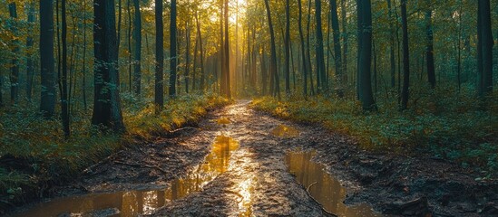 Sunlit Forest Path: A Golden Hour Walk Through Tranquil Woods