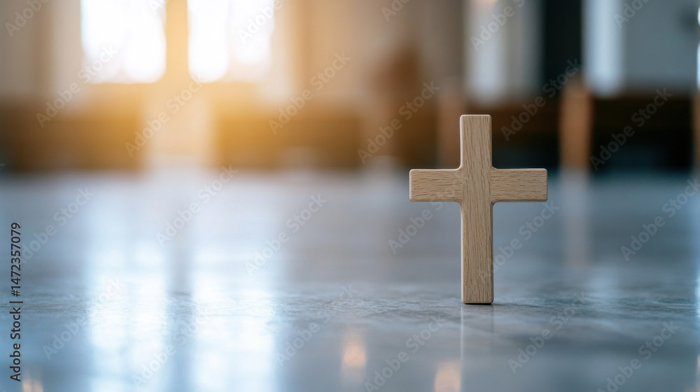 Aufkleber a simple wooden cross rests on a polished floor, bathed in soft sunlight streaming through a blurred