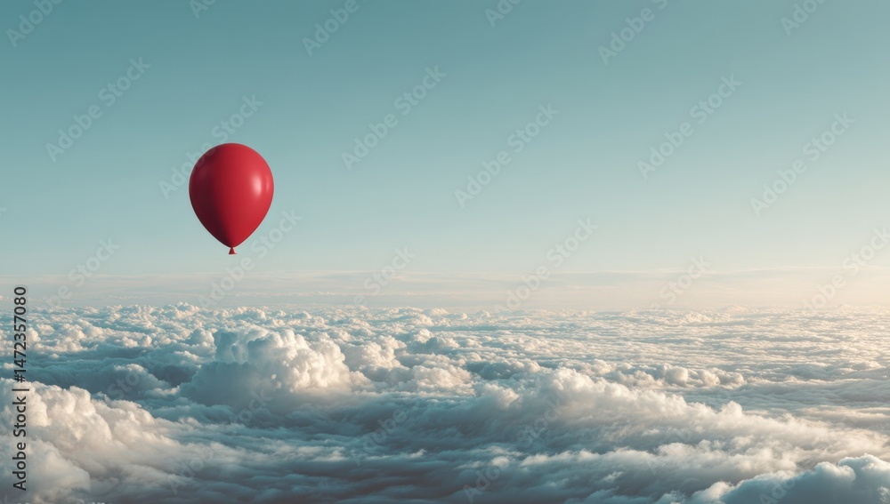 Poster Single red balloon floats serenely above a boundless expanse of fluffy white clouds under a pale blue sky, evoking a sense of freedom and tranquility. : Generative AI