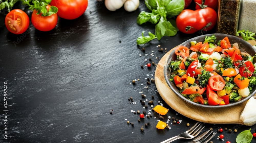 Poster a vibrant medley of roasted broccoli and cherry tomatoes, seasoned with peppercorns, sits in a rusti