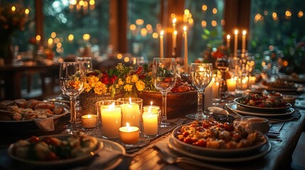 Fototapeta premium Candlelit dinner feast on table in rustic cabin, forest view