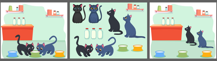 A set of images with pets in the kitchen, cartoon children's illustrations. Designer. Vector image.
