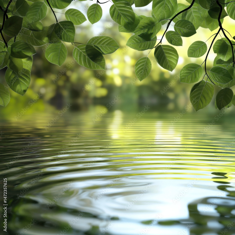 Poster serene landscape featuring tranquil water with gentle ripples, framed by lush green leaves of a tree