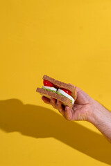 Man holding delicious sandwich with grilled bread, avocado, boiled eggs, cherry tomato over yellow background. Concept of food, taste, breakfast. Complementary colors. Poster, ad