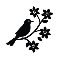 Bird on cherry blossom branch vector silhouette on white background