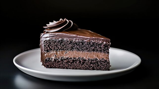 Double-layer chocolate cake slice with frosting and whipped cream flower on white plate.