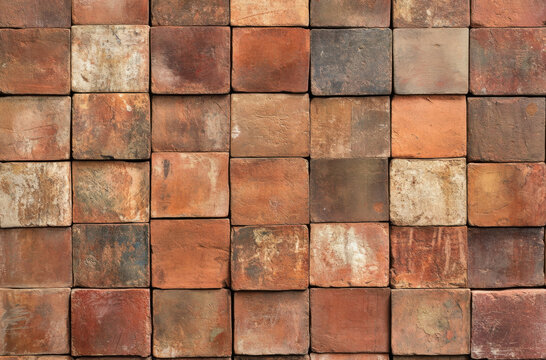 Rustic terracotta tile wall, showcasing a variety of colors and textures in a grid pattern.  Ideal for backgrounds, textures, and design projects. : Generative AI