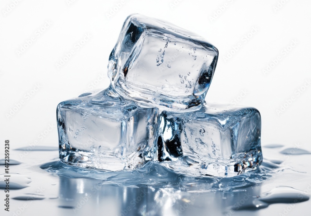 Poster three translucent ice cubes rest on a reflective surface, melting slightly, with water droplets surr