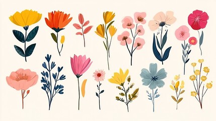 Hand-drawn multicolored flowers with stems and leaves on a light background.