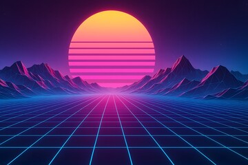Synthwave Sunset Grid Landscape - Retro 80s Neon Mountains, Low Poly Terrain, Futuristic Sci-Fi Aesthetic in 4K