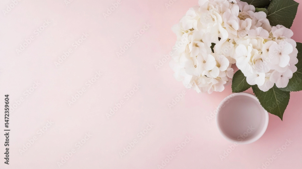 Aufkleber white hydrangea blossoms and a small, pale pink bowl rest on a soft pink background, creating a sere