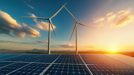 Solar panels and wind turbines provide clean sustainable energy at sunset creating a renewable future now.