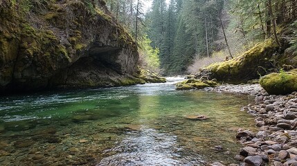 Clear green river flowing through moss-covered rocks and pebbles in a forest.