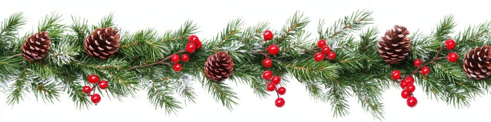 Fototapeta premium Festive Pine Garland Adorned with Red Berries and Cones, Perfect for a Christmas Display